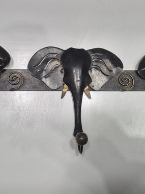 Elephant Wall Hook Rack - Black and Gold Metal Home Decor
